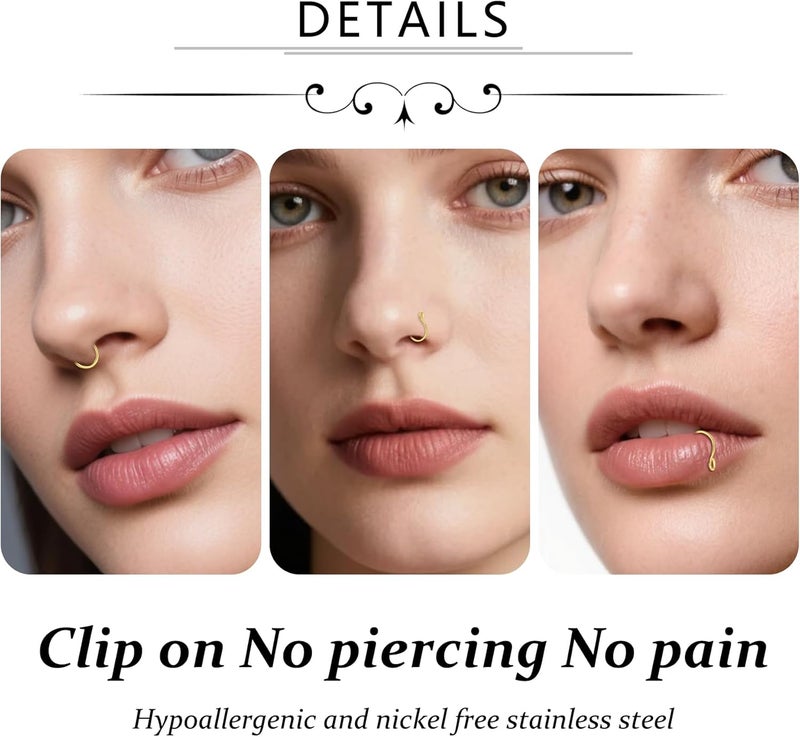 D.Bella Fake Septum Hoop 20G Faux Nose Piercing Hoop Clip on Nose Rings Non Piercing Fake Septum Lip Ear Ring Faux Body Piercing Jewelry for Women Men - Image 3